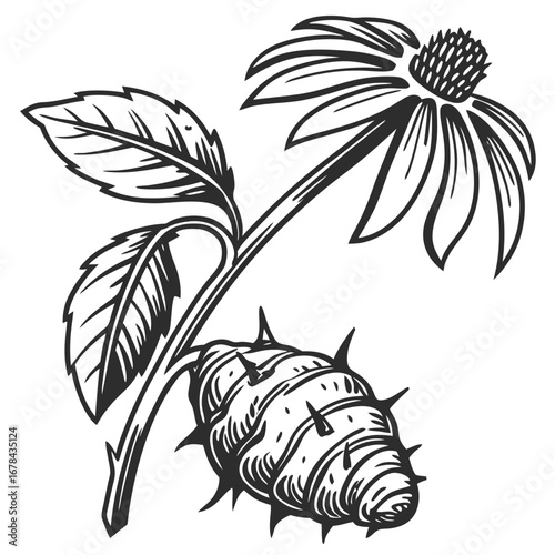 Echinacea flower and root with spiky detail silhouette