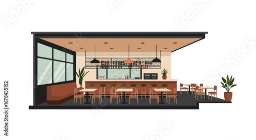Modern cafe interior design with open concept and minimalist decor