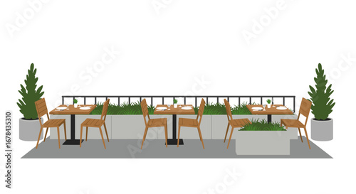 Outdoor dining area with wooden furniture and greenery decor on white background