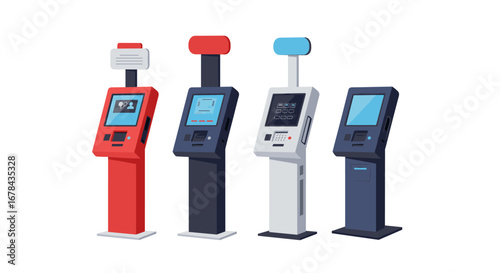 Modern kiosk machines collection displaying various interactive interfaces