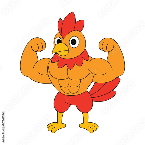 Cartoon muscular rooster character, Muscular rooster mascot logo, Muscular cartoon rooster vector cartoon illustration