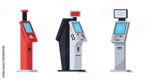 Modern self-service kiosks with digital interfaces in flat design for payment and information