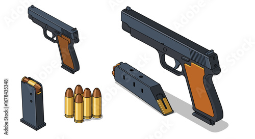 Isometric handgun with bullets and magazine on white background