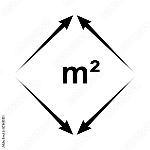 Square meters area icon with arrows, measurement unit symbol graphic