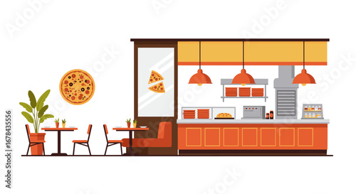 Cozy pizzeria interior with modern furniture and decorative pizza art