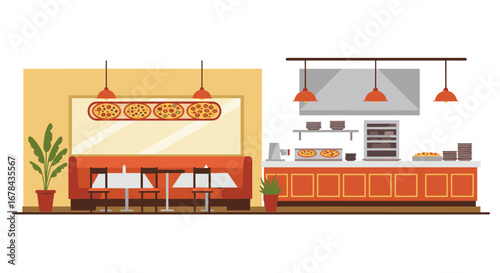 Cozy pizzeria interior with modern decor and pizza display