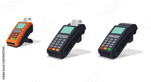 Modern payment terminal machines on white background