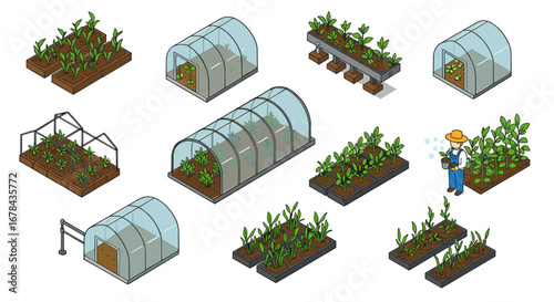 Isometric greenhouse farming: diverse plant growth and gardening techniques