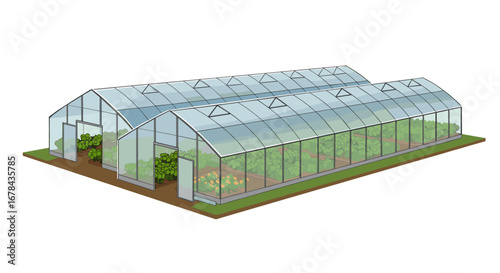 Transparent greenhouse with plants on earthy base in isometric perspective
