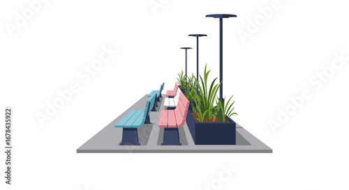 Modern urban park benches with streetlights and planters in isometric design