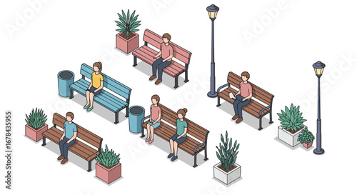 Urban park scene with benches and people in isometric style