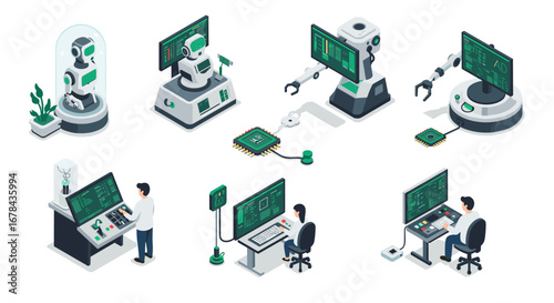 Isometric robotics and ai technology concept with circuit and computer interfaces