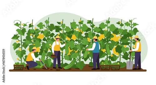 Farmers harvesting vegetables in a community garden scene