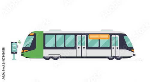 Modern electric tram at charging station with wireless technology and urban transport design