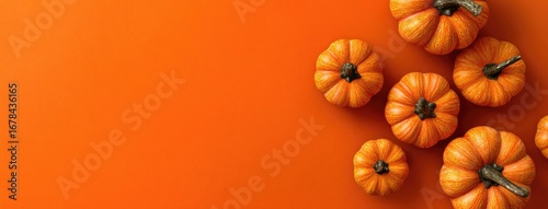 Small pumpkins arranged on an orange background