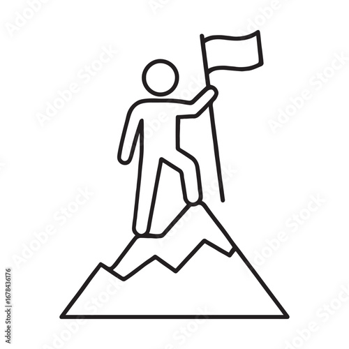 Iconography of a person standing atop a mountain summit holding a flag representing leadership success white background