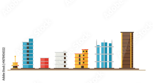 Urban skyline evolution with diverse buildings in flat design