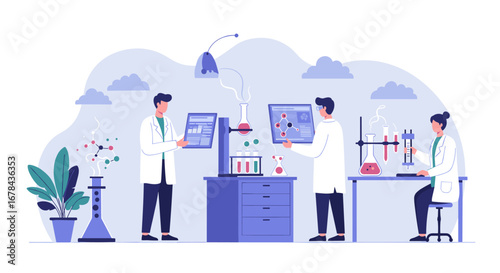Scientists in a lab conducting experiments with modern technology and equipment