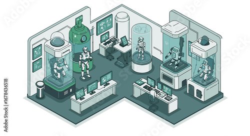 Futuristic laboratory with humanoid robots in isometric design displaying advanced technology