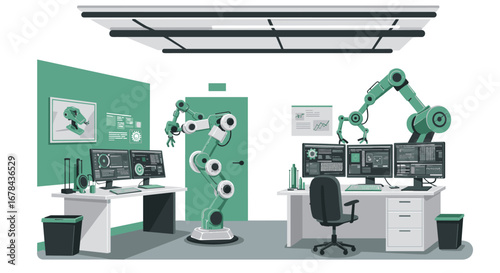 Modern robotics lab with automated arms and advanced computer workstations in monochrome style