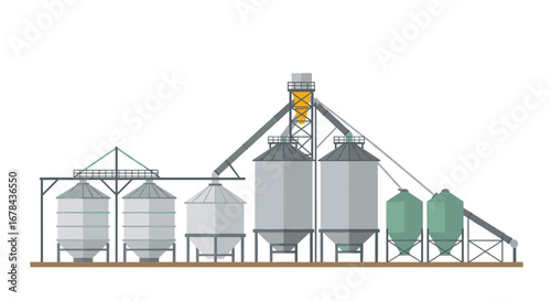 Modern grain processing facility with multiple storage silos and machinery