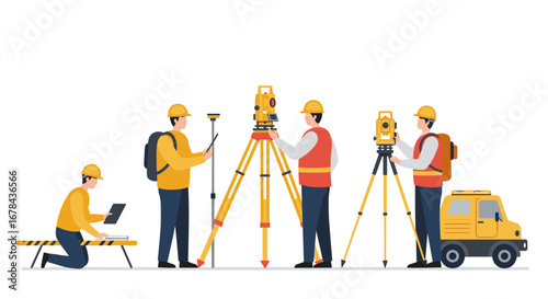 Surveyors using equipment in construction site with theodolite and tripod in flat design
