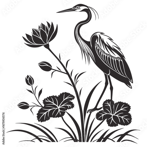 Elegant heron standing among lotus flowers silhouette