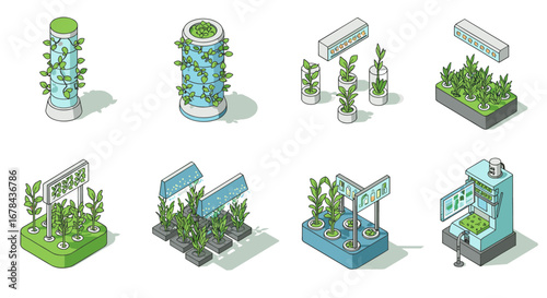 Innovative hydroponic systems in isometric style: sustainable urban gardening solutions