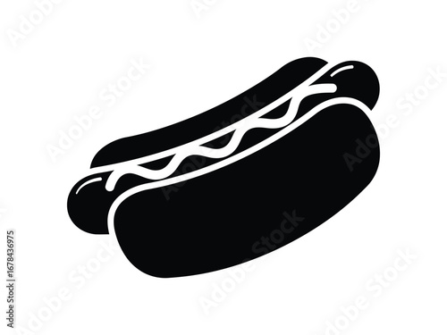 Simple silhouette vector illustration of a hot dog with mustard on a bun