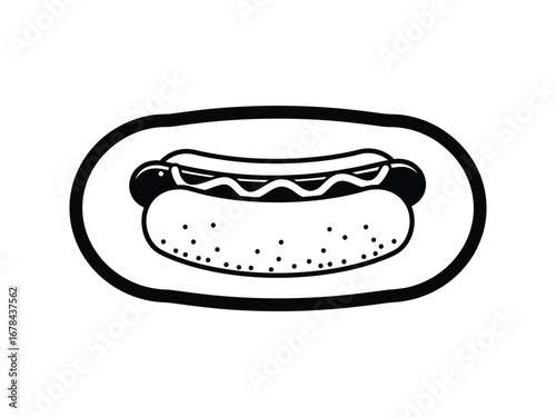 Simple black and white vector illustration of a hot dog with mustard