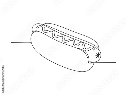 Continuous one line drawing vector illustration of a hot dog with mustard