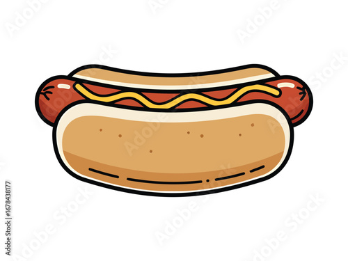 Classic vector illustration of a hot dog with mustard, a popular street food snack
