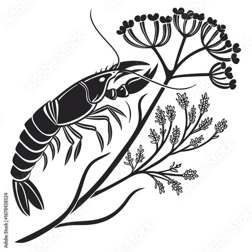 Elegant black silhouette of a shrimp nestled amongst dill fronds silhouette