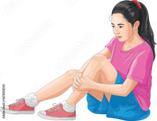 Cartoon woman sitting on ground, holding leg in pain, injury illustration, hurt female character, health emergency, vector graphic.