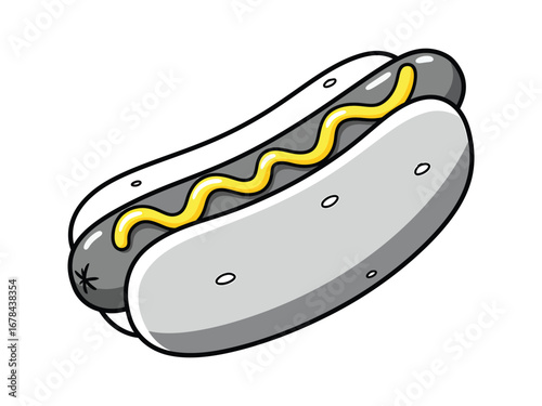Monochrome vector illustration of a hot dog with mustard on a white background