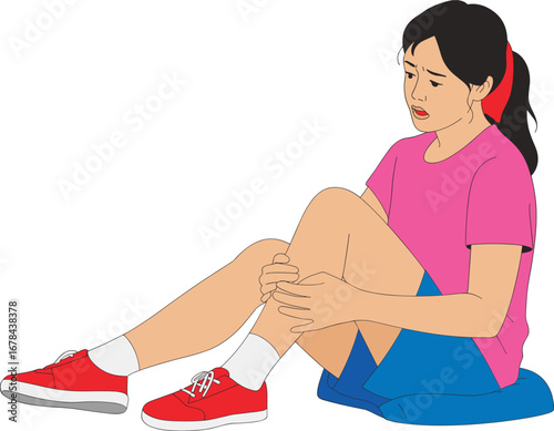 Cartoon woman sitting on ground, holding leg in pain, injury illustration, hurt female character, health emergency, vector graphic.