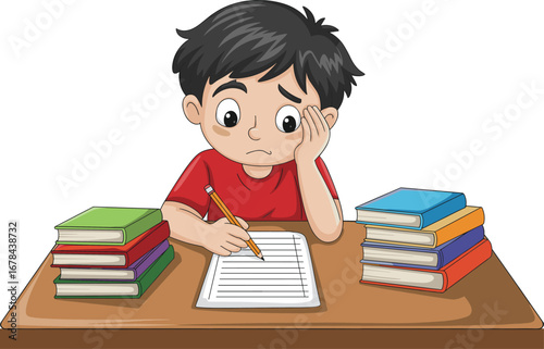 Serious cartoon boy studying at desk, writing homework, surrounded by books, focused child illustration, educational vector, school learning concept.