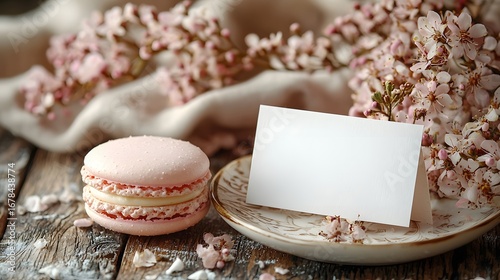 Delicate pink aron and blank card on a rustic table adorned with spring blossoms and scattered petals ready for a sweet message