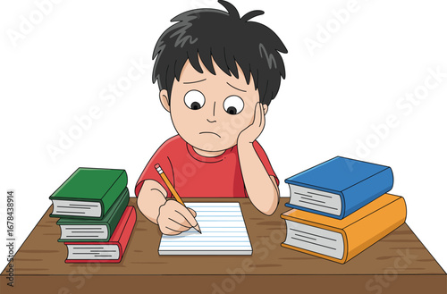 Serious cartoon boy studying at desk, writing homework, surrounded by books, focused child illustration, educational vector, school learning concept.
