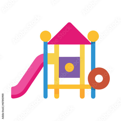 Cute colorful cartoon playground with slide and swings in playful design Vector illustration
