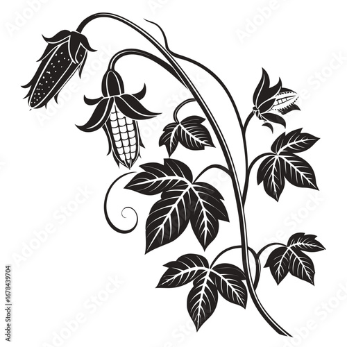 Art nouveau hop plant silhouette with detailed leaves and flowers