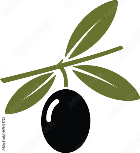 Single black olive on branch with green leaves simple graphic design food ingredient vector