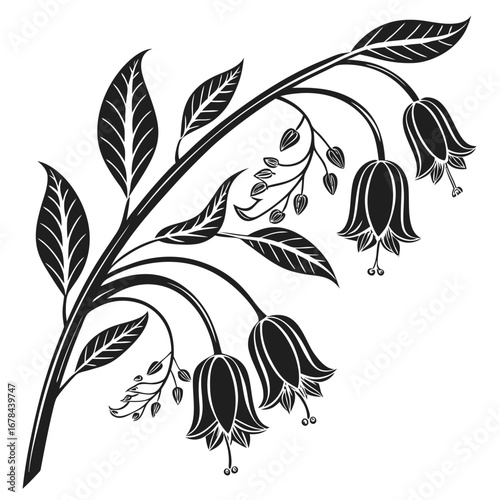 Elegant black silhouette of bell shaped flowers and leaves