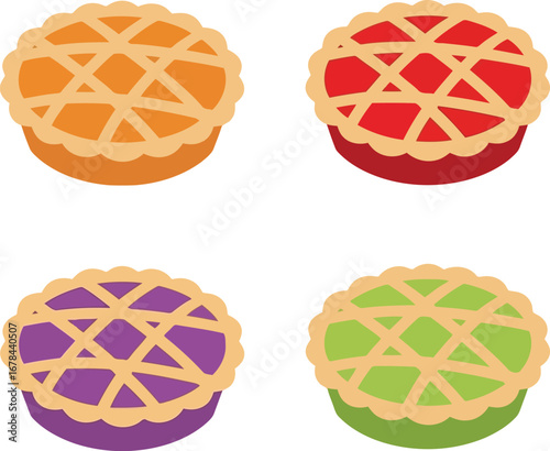 Four delicious fruit pies assortment top view sweet desserts baking homemade vector