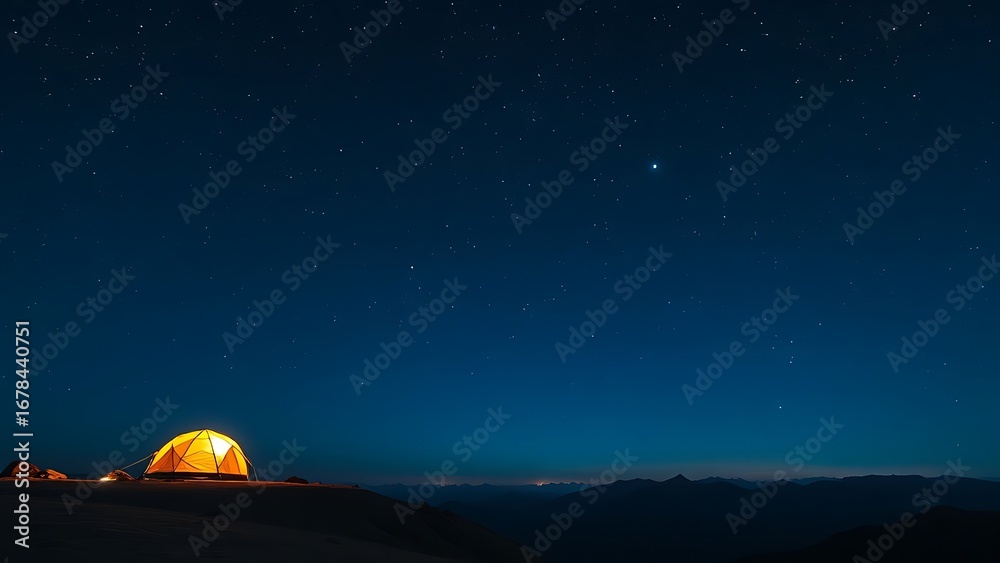Fototapeta premium Starry mountain landscape at night with an illuminated tent under the milky way, serene and vast.