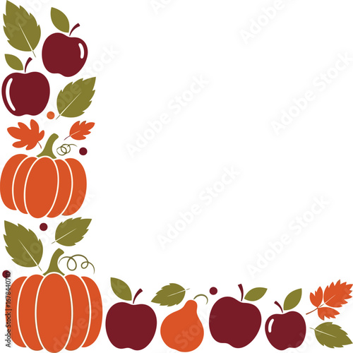 Autumn corner border festive harvest apples pumpkins leaves fall season celebration vector