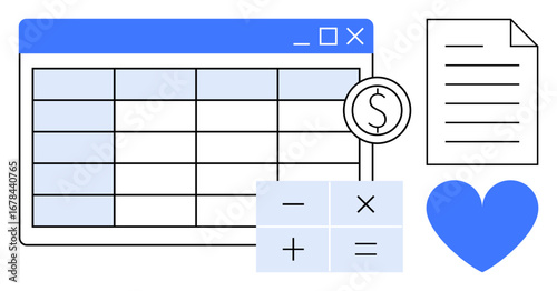 Spreadsheet interface with calculator and money sign, document, and heart icon. Ideal for accounting, budgeting, finance, organization, data analysis, team management simple landing page