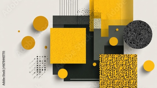 Abstract geometric shapes in yellow, gray, and black