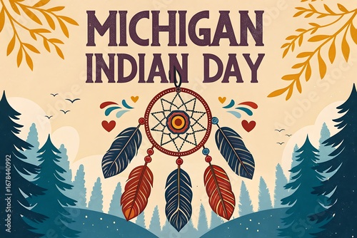 Illustration Celebrating Michigan Indian Day With Dreamcatcher and Fire Symbols