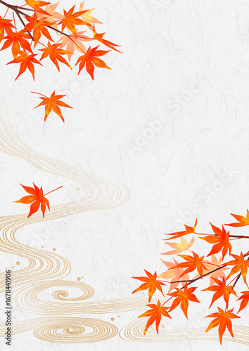 Fototapeta 紅葉と水流の和柄 水彩風 和紙背景 縦画像